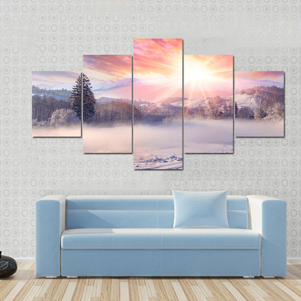 Winter Sunrise In Mountain Village Canvas Wall Art