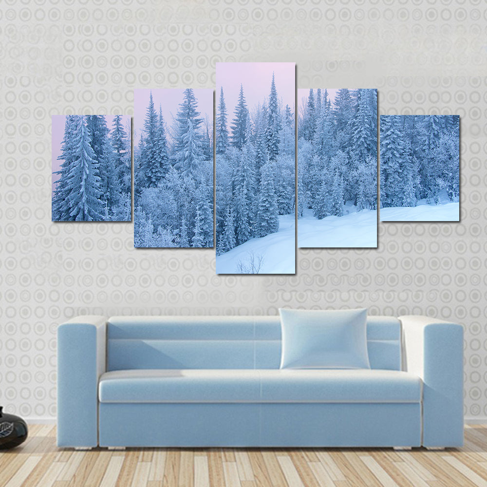 Winter Forest At The Sunset With Fog Canvas Wall Art