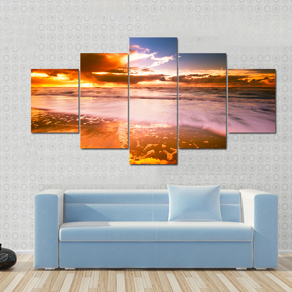 Sunset And Waves On The Beach Canvas Wall Art