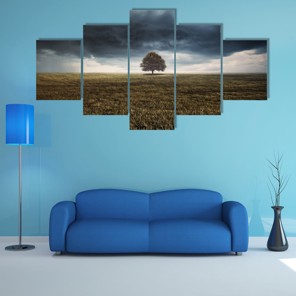 Tree In Field Under Storm Clouds Canvas Wall Art
