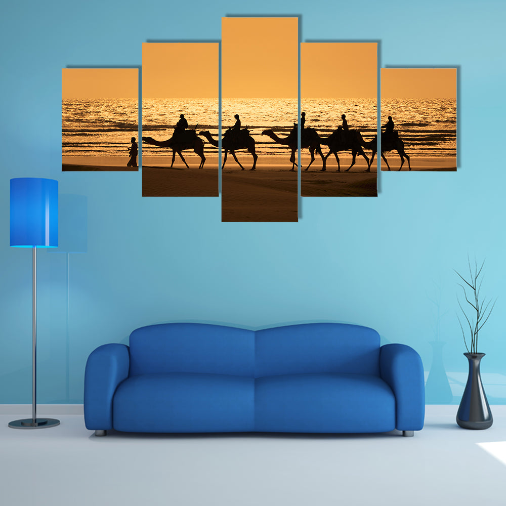 Silhouette Of Dromedary And Tourists At Sunset Morocco Canvas Wall Art