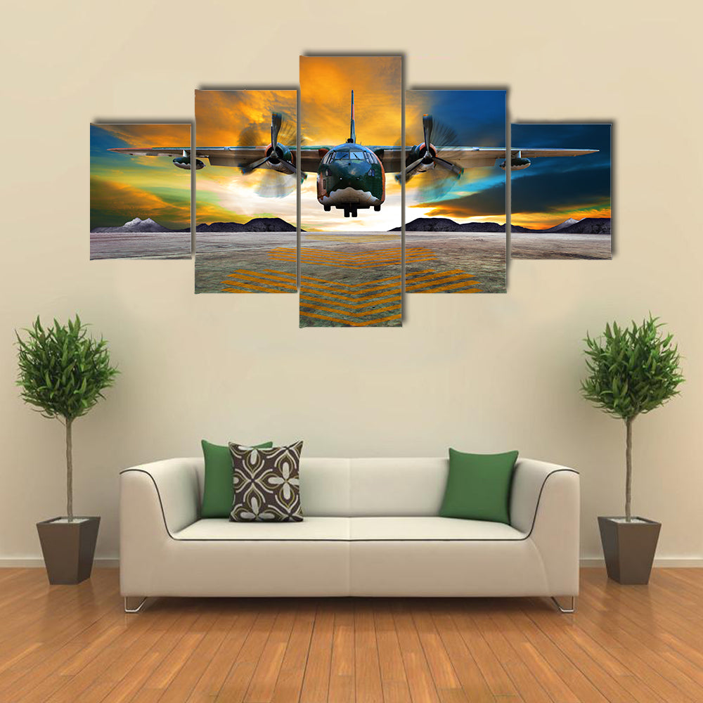 Twin-engine Military Transport at Golden Hour Canvas Wall Art