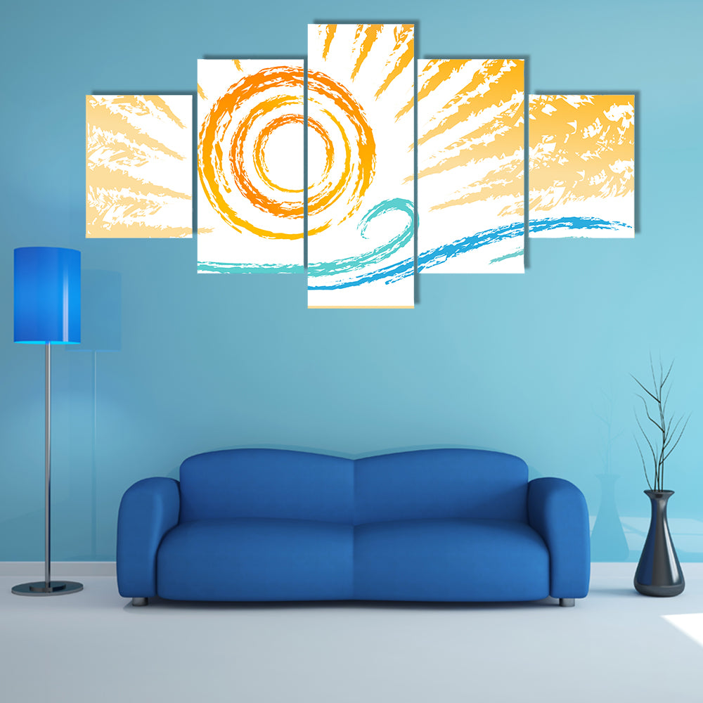 Stylized Sun and Ocean Waves Canvas Wall Art