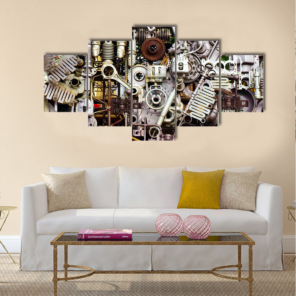 Assembled Metal Machine Parts Canvas Wall Art in gray and silver, framed print, product view on a white background