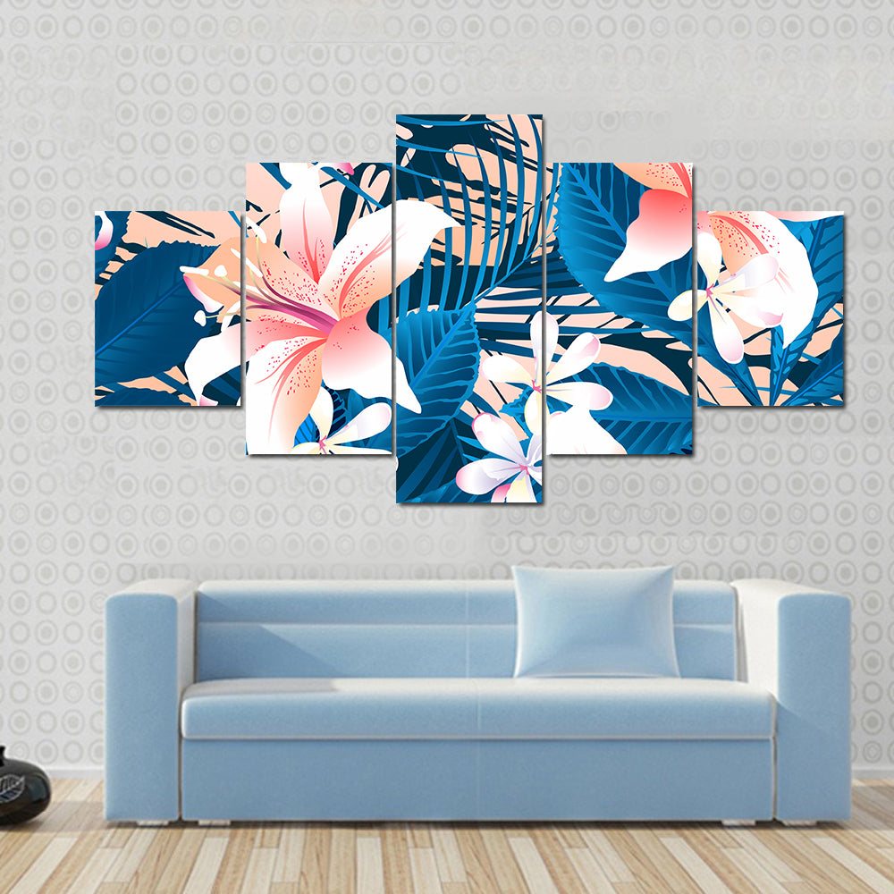 Tropical Lily and Plumeria Floral Pattern Canvas Wall Art