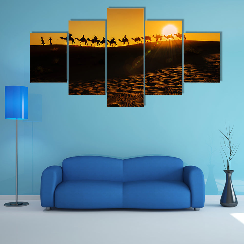 Camel Caravan at Sunset Canvas Wall Art