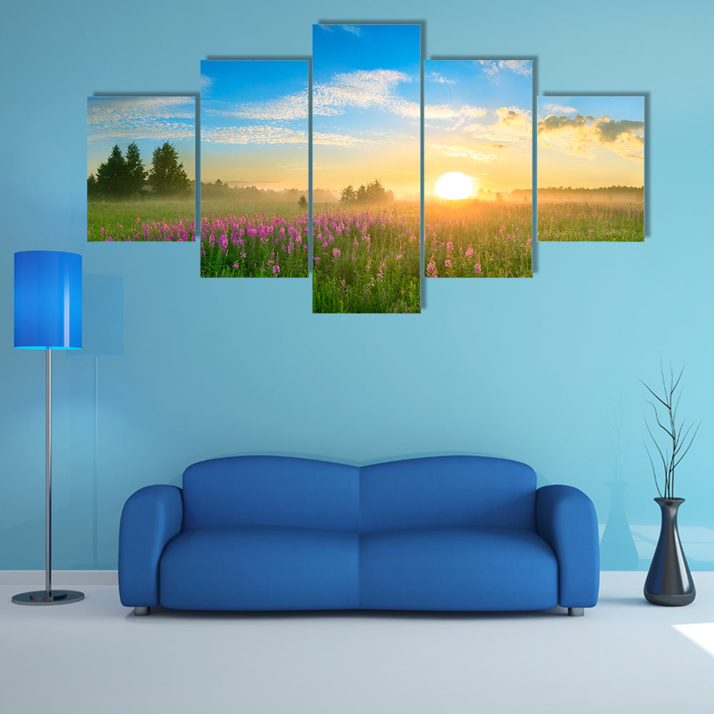 Sunrise Over Blossoming Meadow Canvas Wall Art
