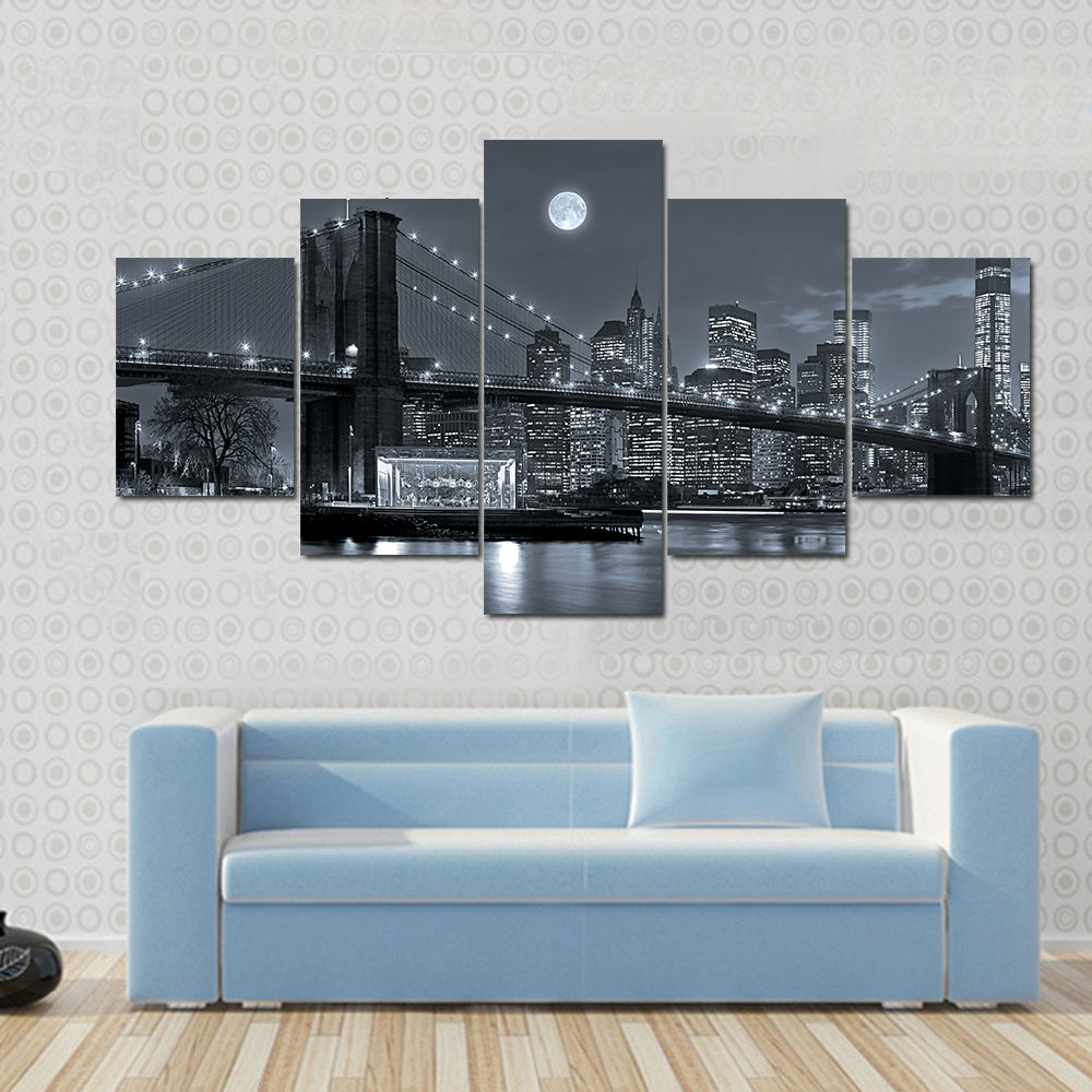 Brooklyn Bridge and Lower Manhattan by Moonlight Canvas Wall Art