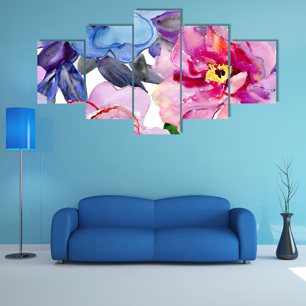 Seamless Watercolor Peonies and Poppies Canvas Wall Art