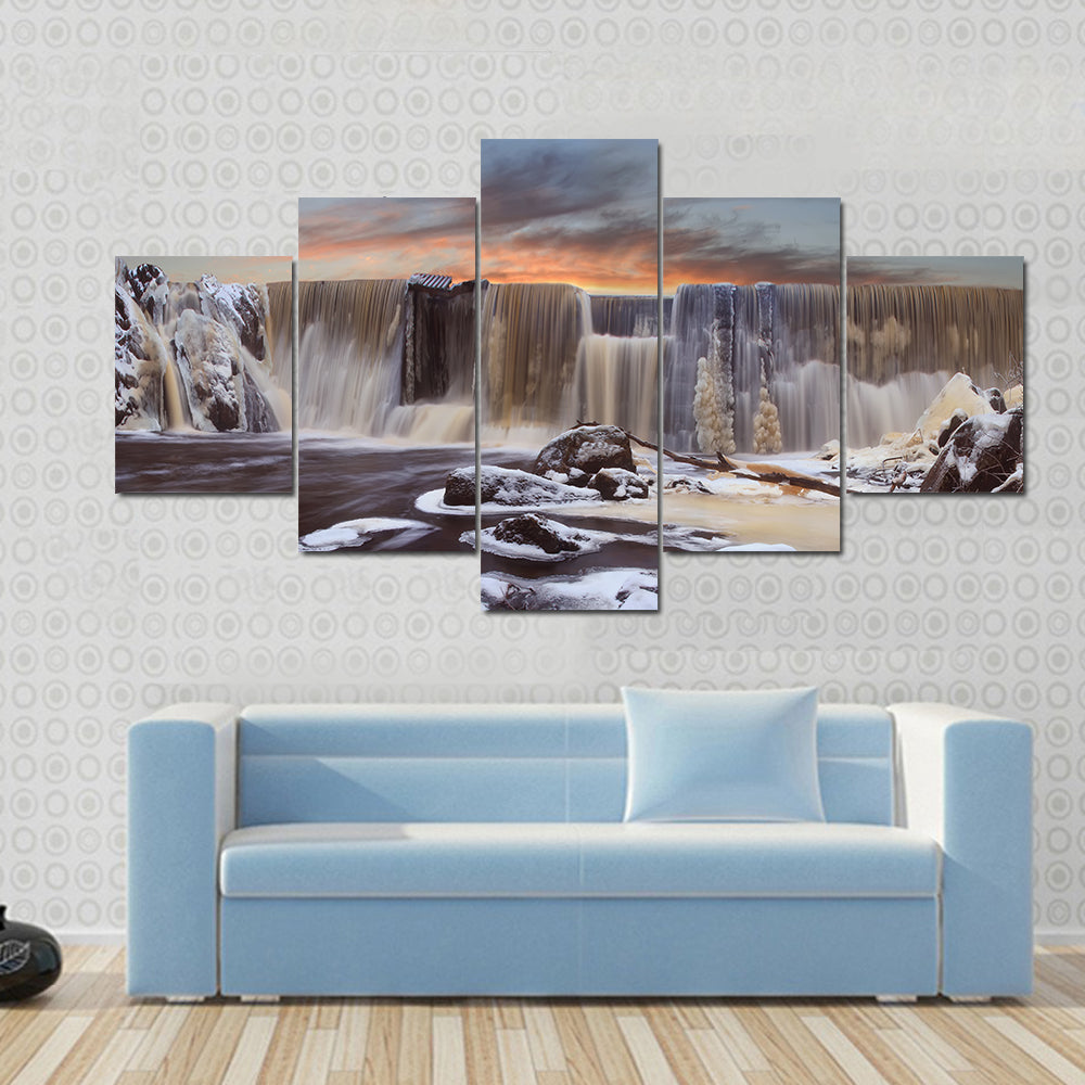 Winter Falls In Finnish Dam Canvas Wall Art