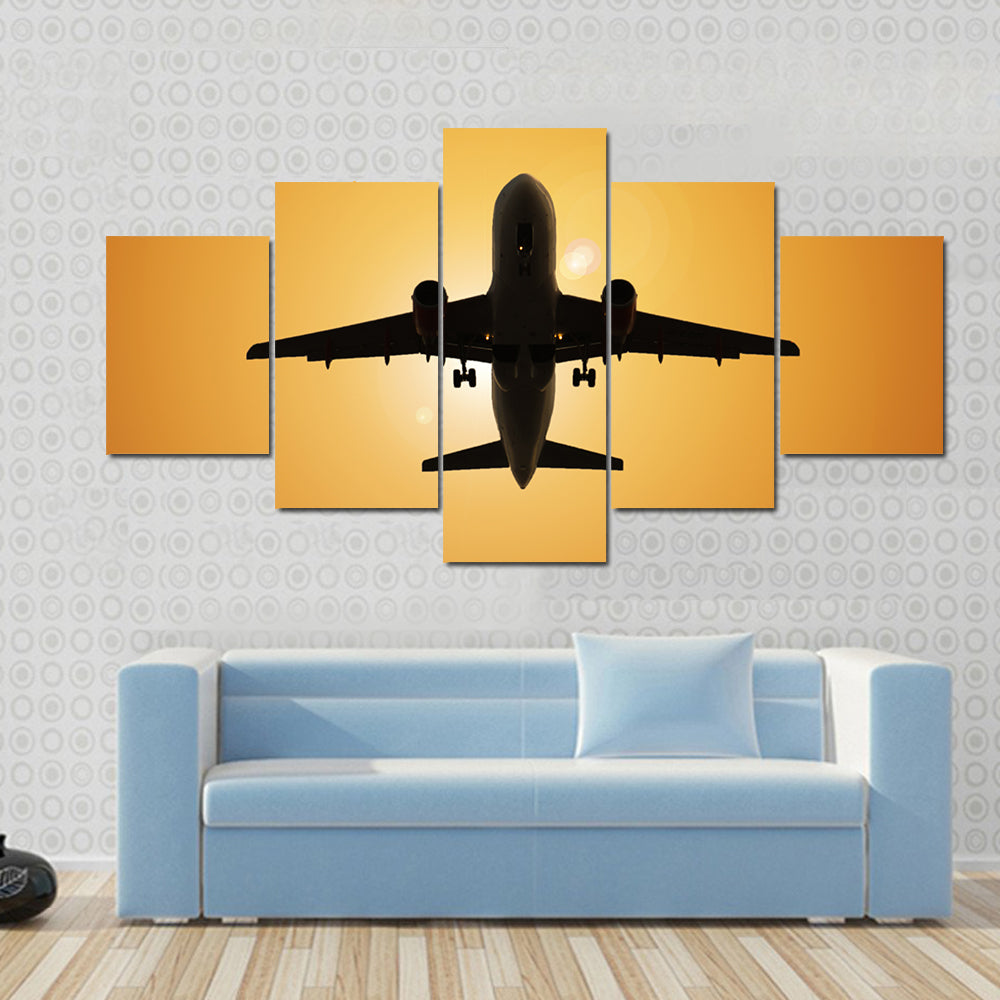 Airplane Silhouette Against the Sun Canvas Wall Art