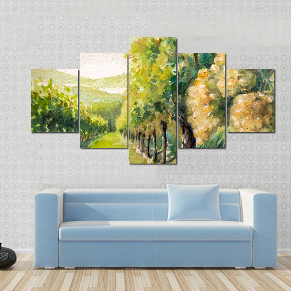 Sunlit Watercolor Vineyard Canvas Wall Art