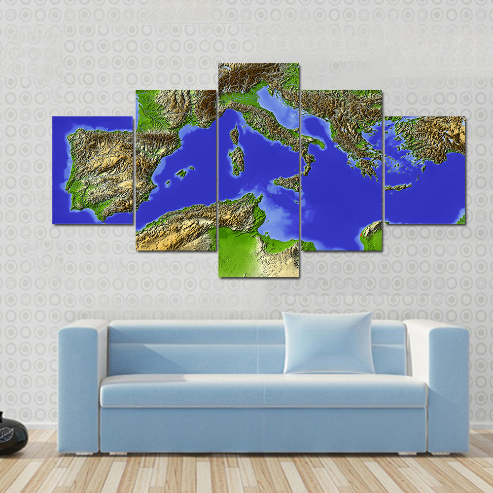 Shaded Relief Map of the Mediterranean Canvas Wall Art