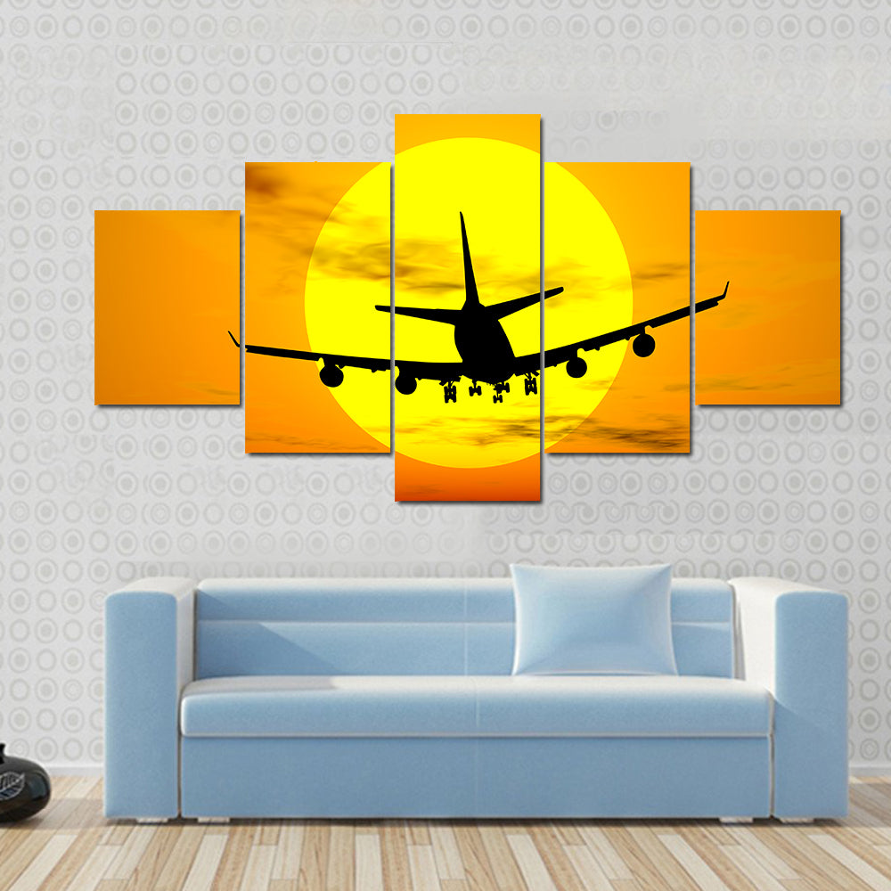 Airplane Silhouette Over Tropical Sunset Canvas Wall Art
