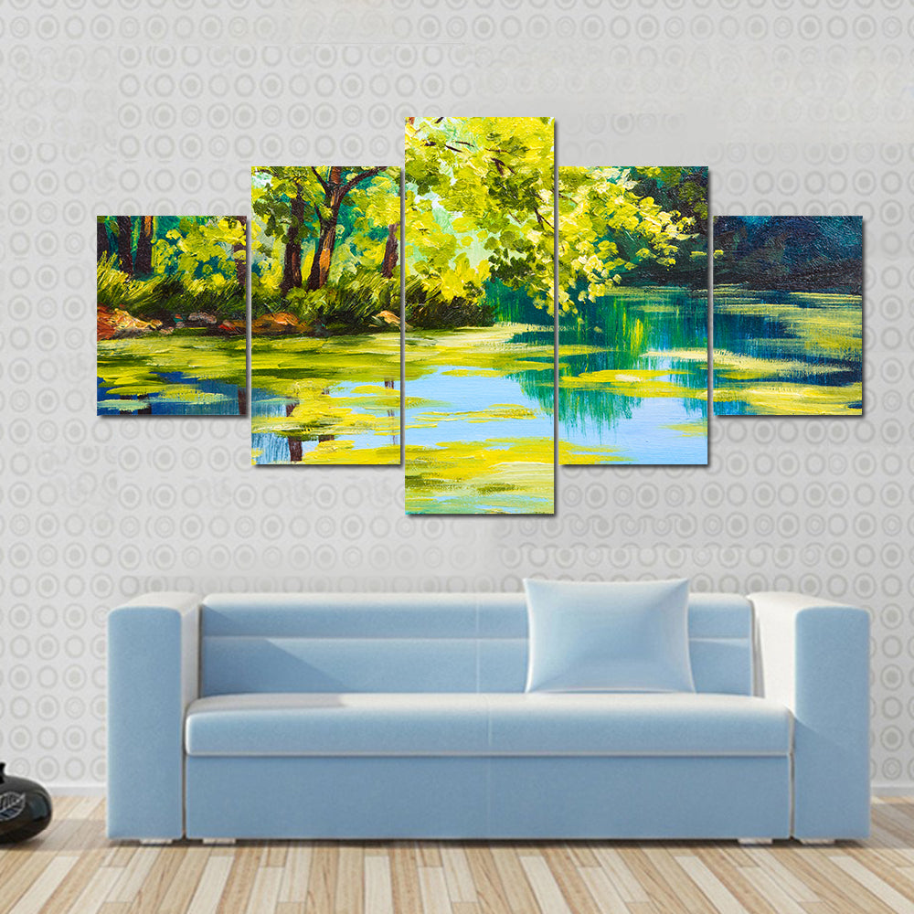 Sunlit Forest Lake Canvas Wall Art