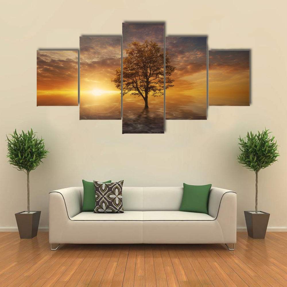 Surreal Tree Over Lake at Sunset Canvas Wall Art