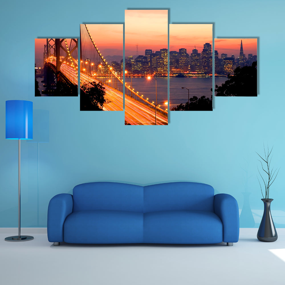 San Francisco And Bay Bridge At Sunset Canvas Wall Art