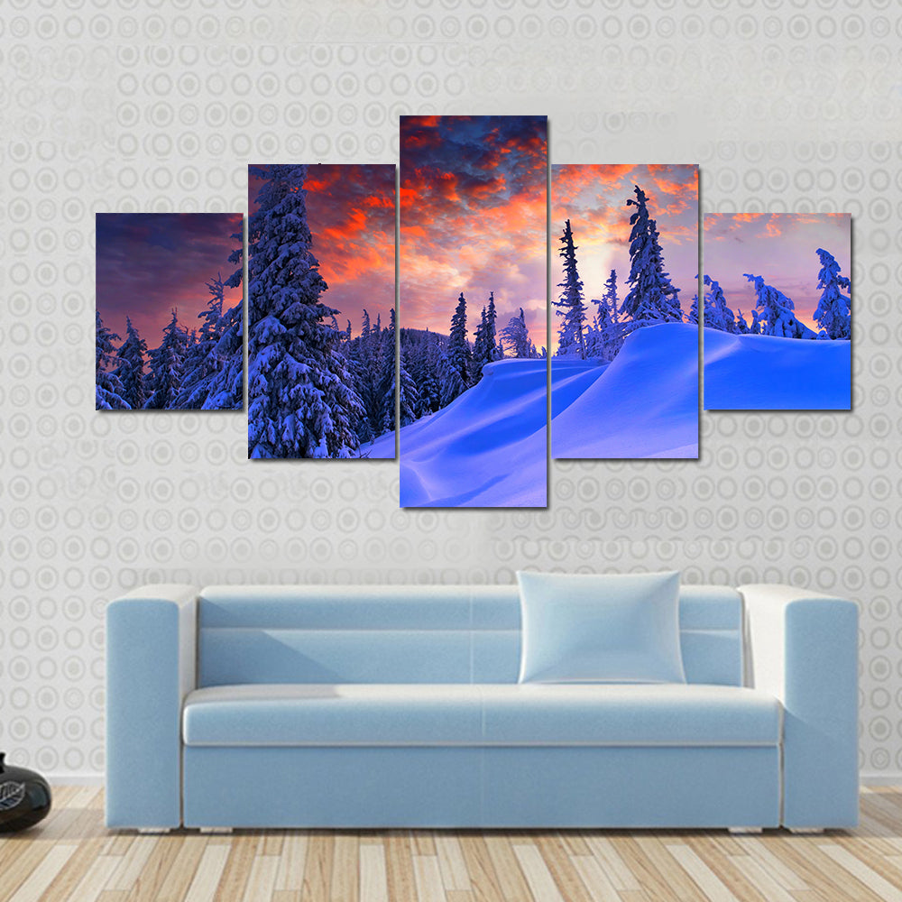 Snowy Winter Landscape At Sunset Canvas Wall Art