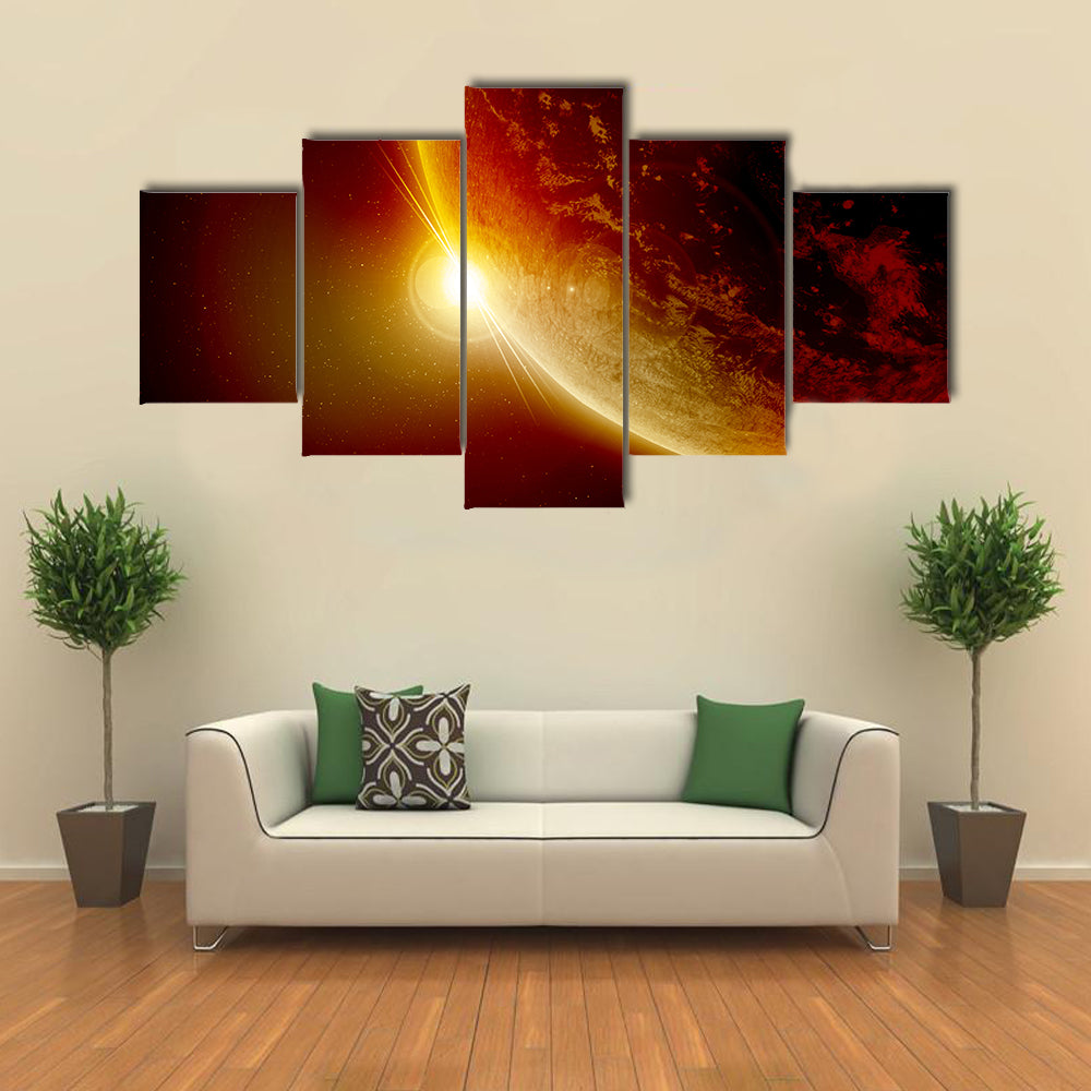 Red Planet Earth In Outer Space With Sun Canvas Wall Art