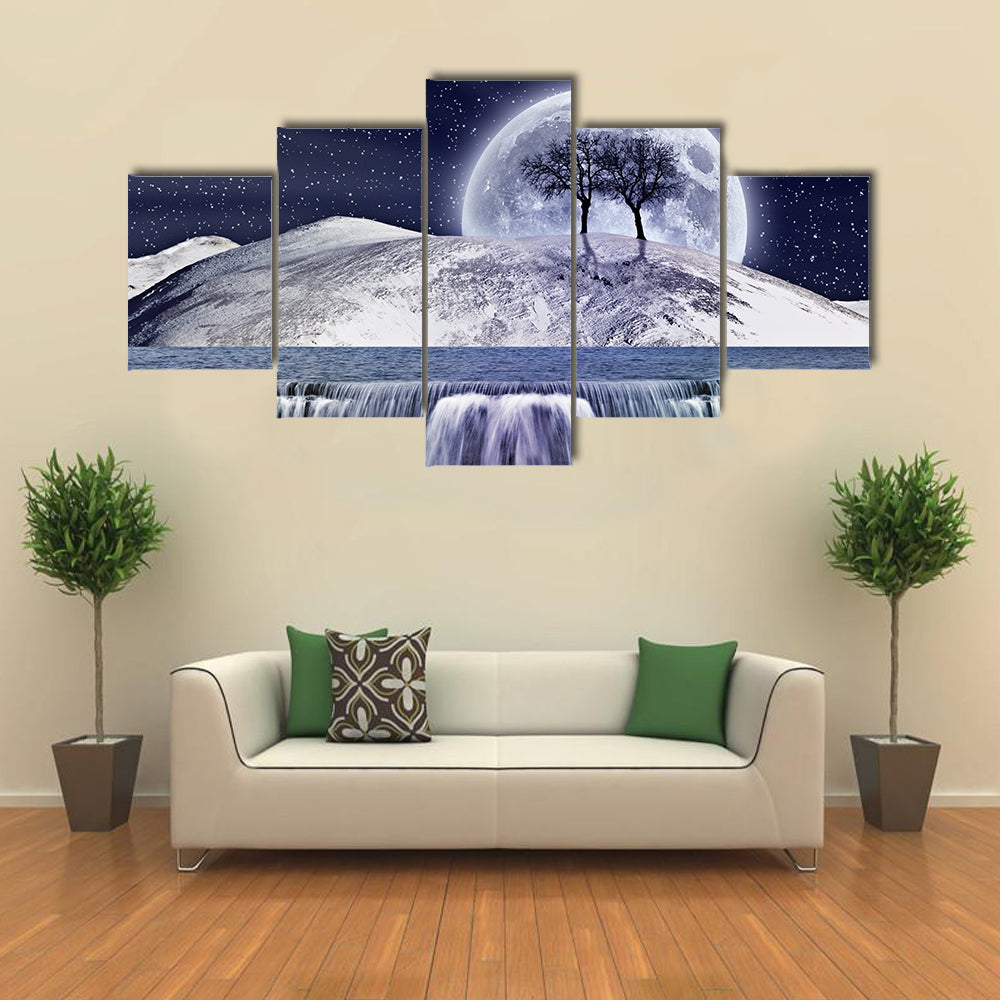Winter Moonlight Landscape with Waterfall Canvas Wall Art