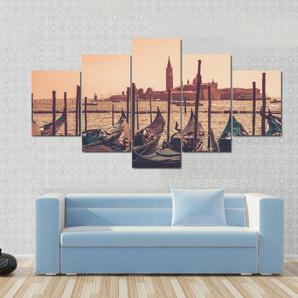 Gondolas Against Venice Panorama In Canal Canvas Wall Art
