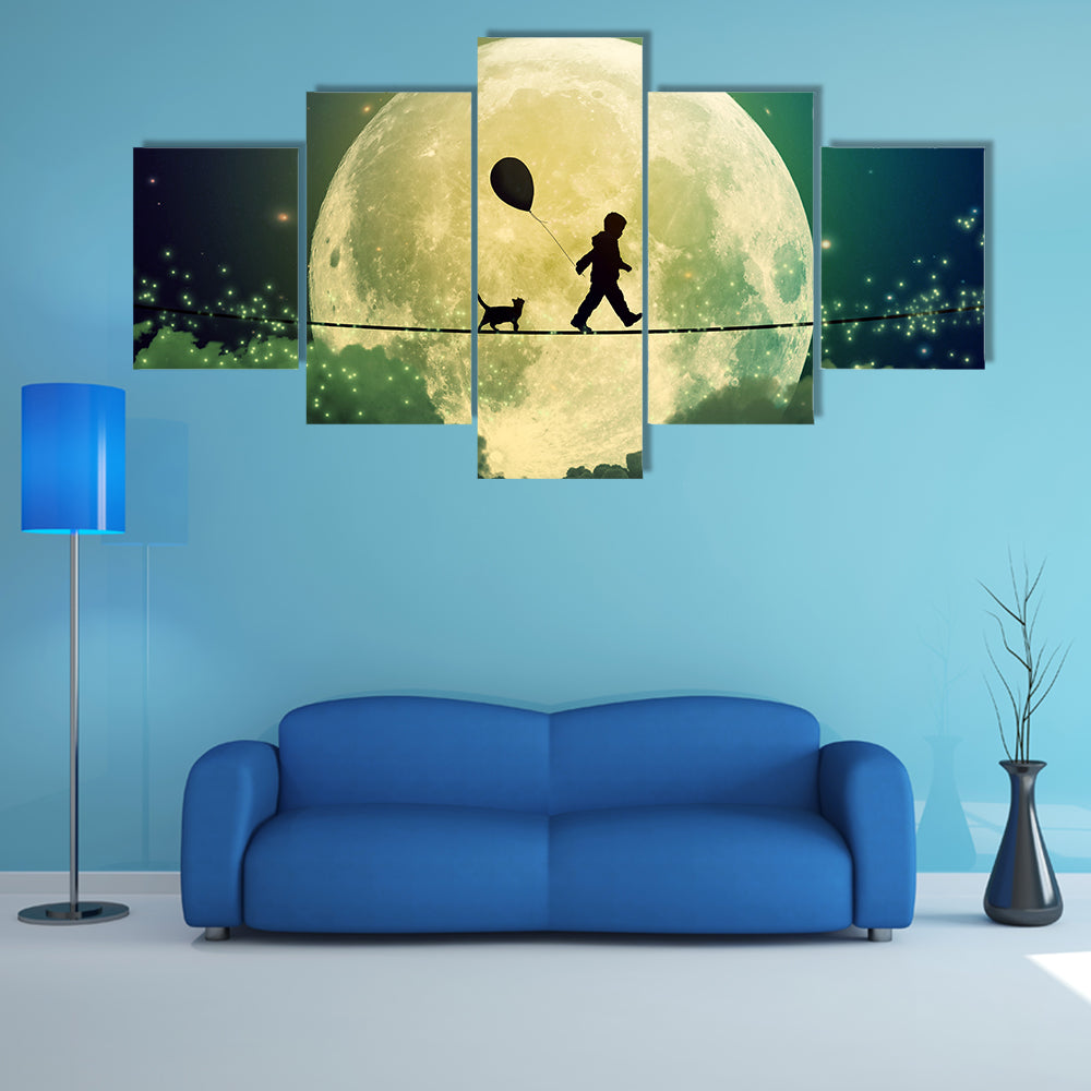 Child on Tightrope Under Full Moon Canvas Wall Art