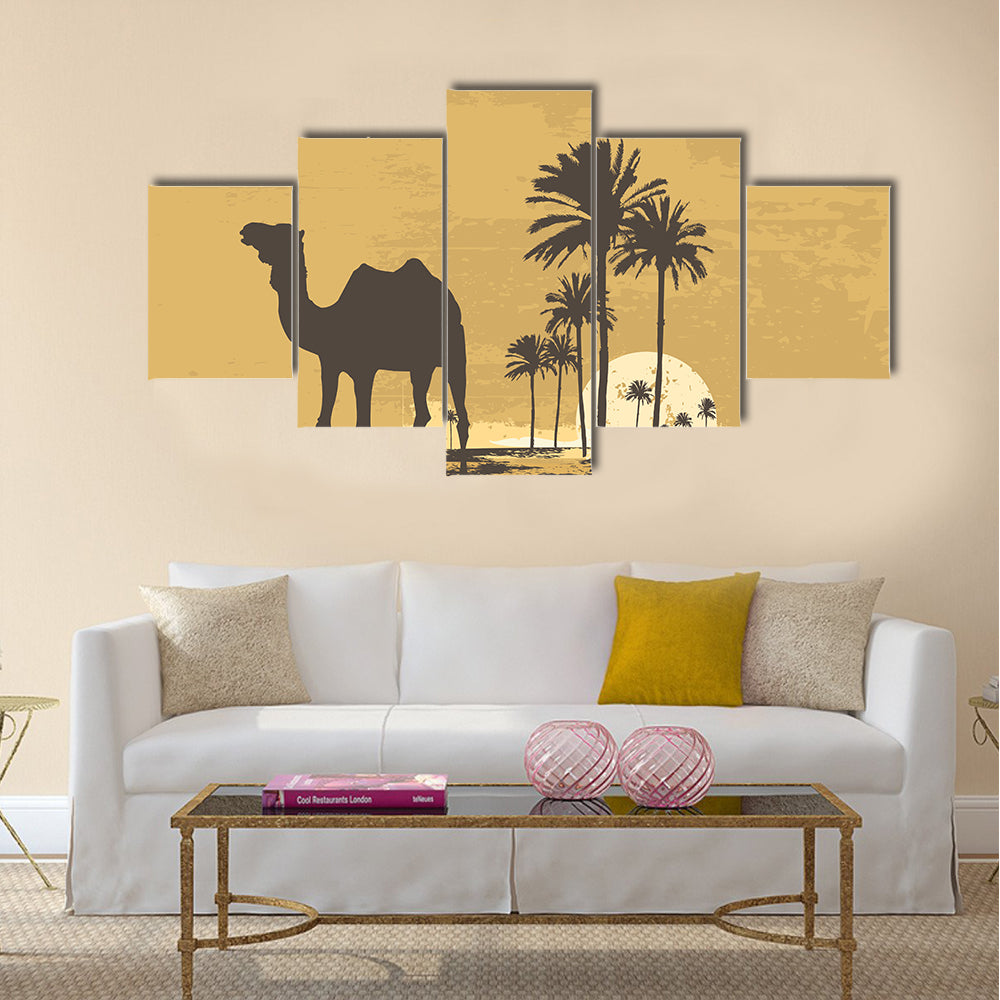 African Desert Sunset with Camel Silhouette Canvas Wall Art
