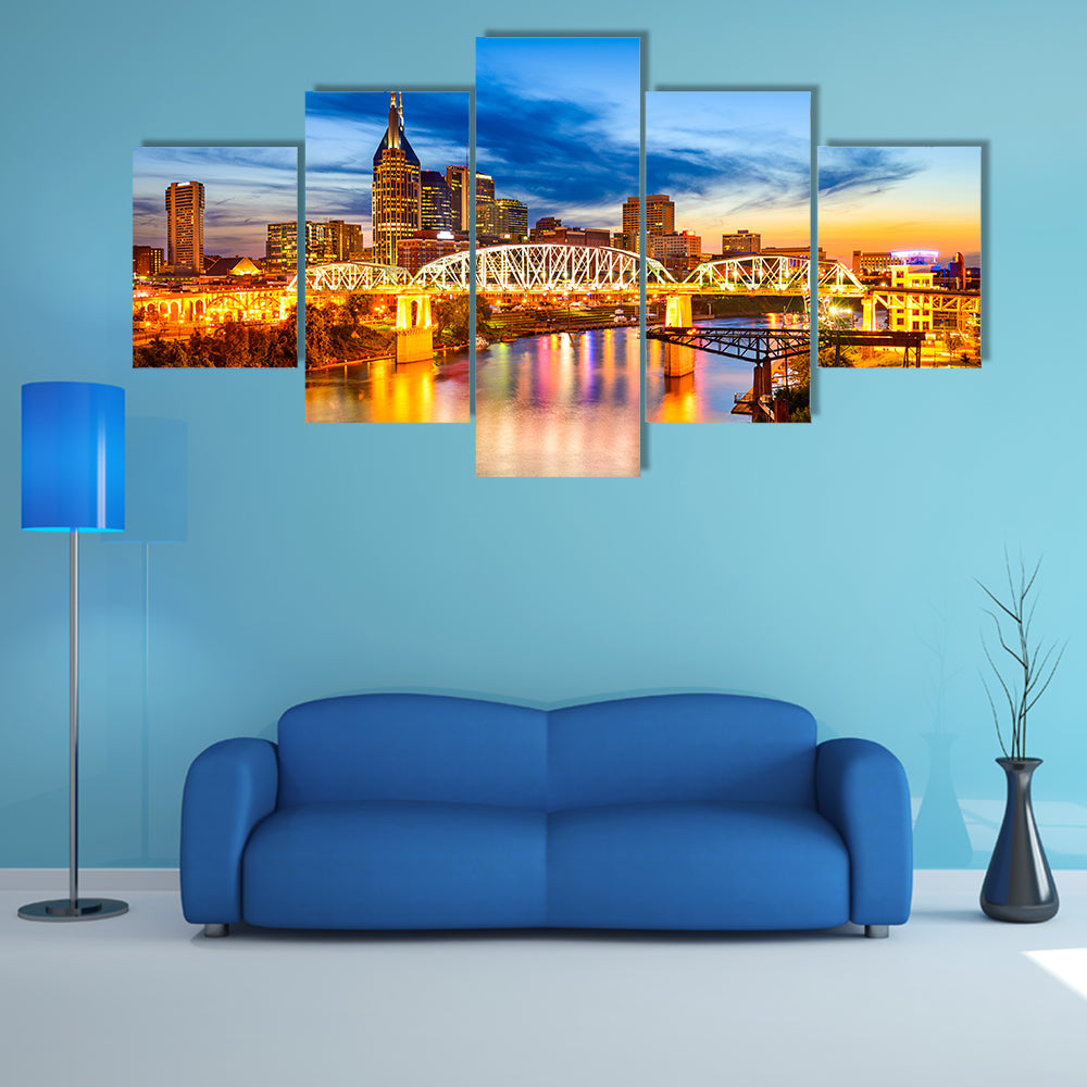 Nashville Skyline with Pedestrian Bridge at Dusk Canvas Wall Art