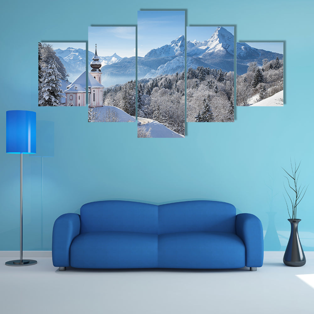 Snowy Alps With Church In Bavaria Canvas Wall Art