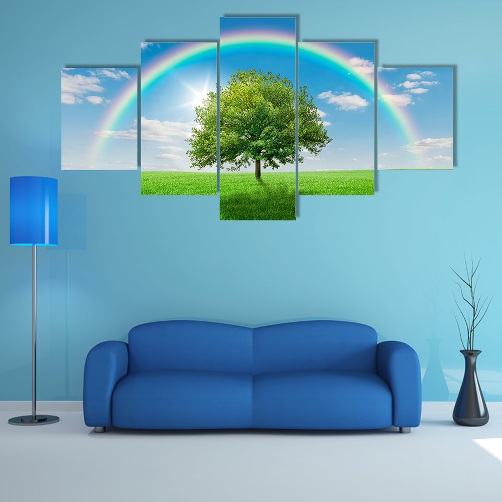 Old Oak Tree on Green Meadow Canvas Wall Art