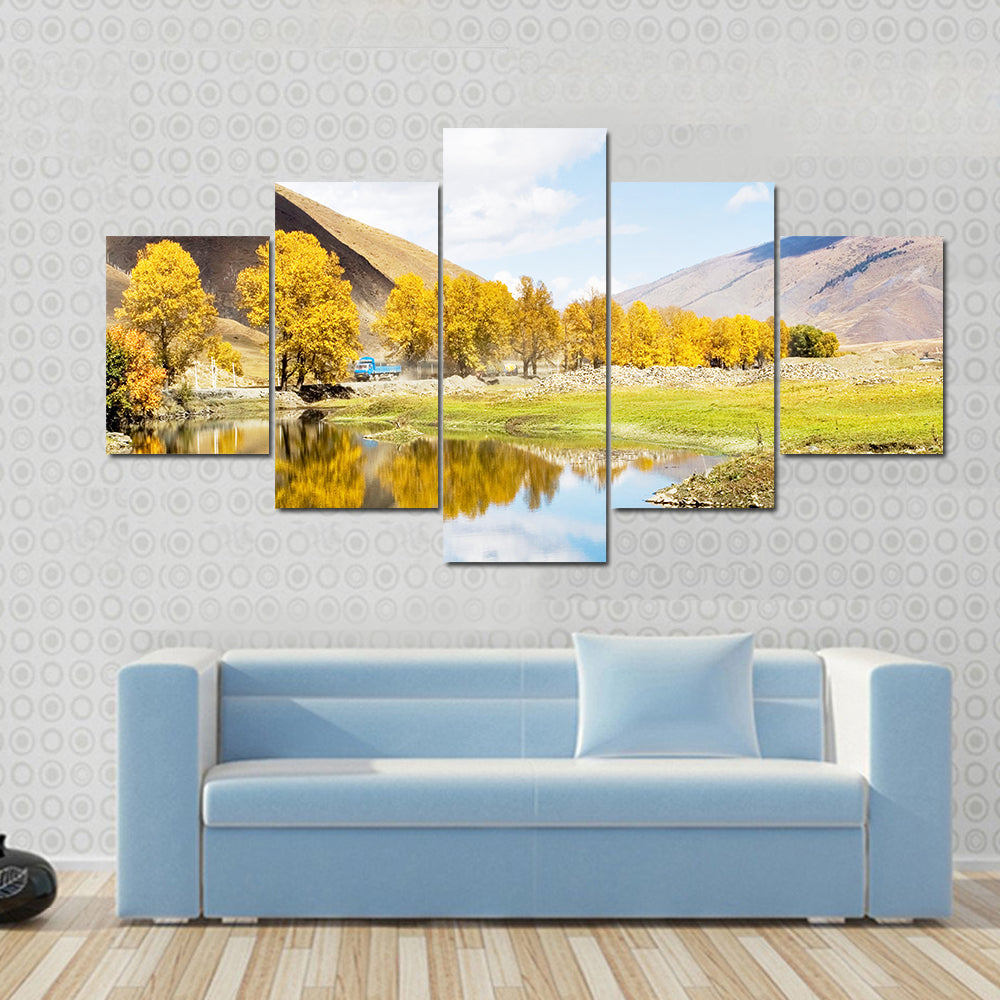 Autumn Mountain Lake with Golden Trees Canvas Wall Art