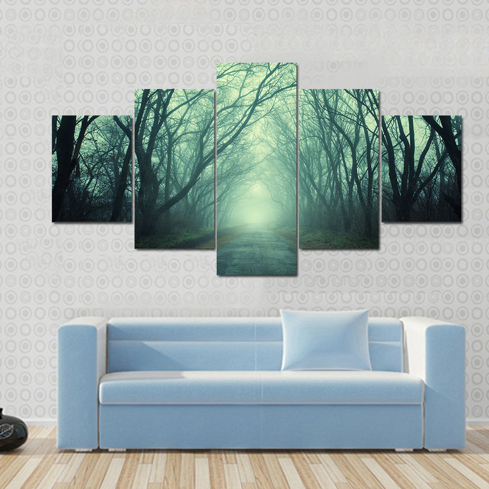Mysterious Path In Dark Autumn Forest Canvas Wall Art