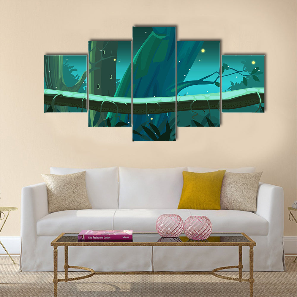 Mossy Tree Trunk with Glowing Fireflies Canvas Wall Art