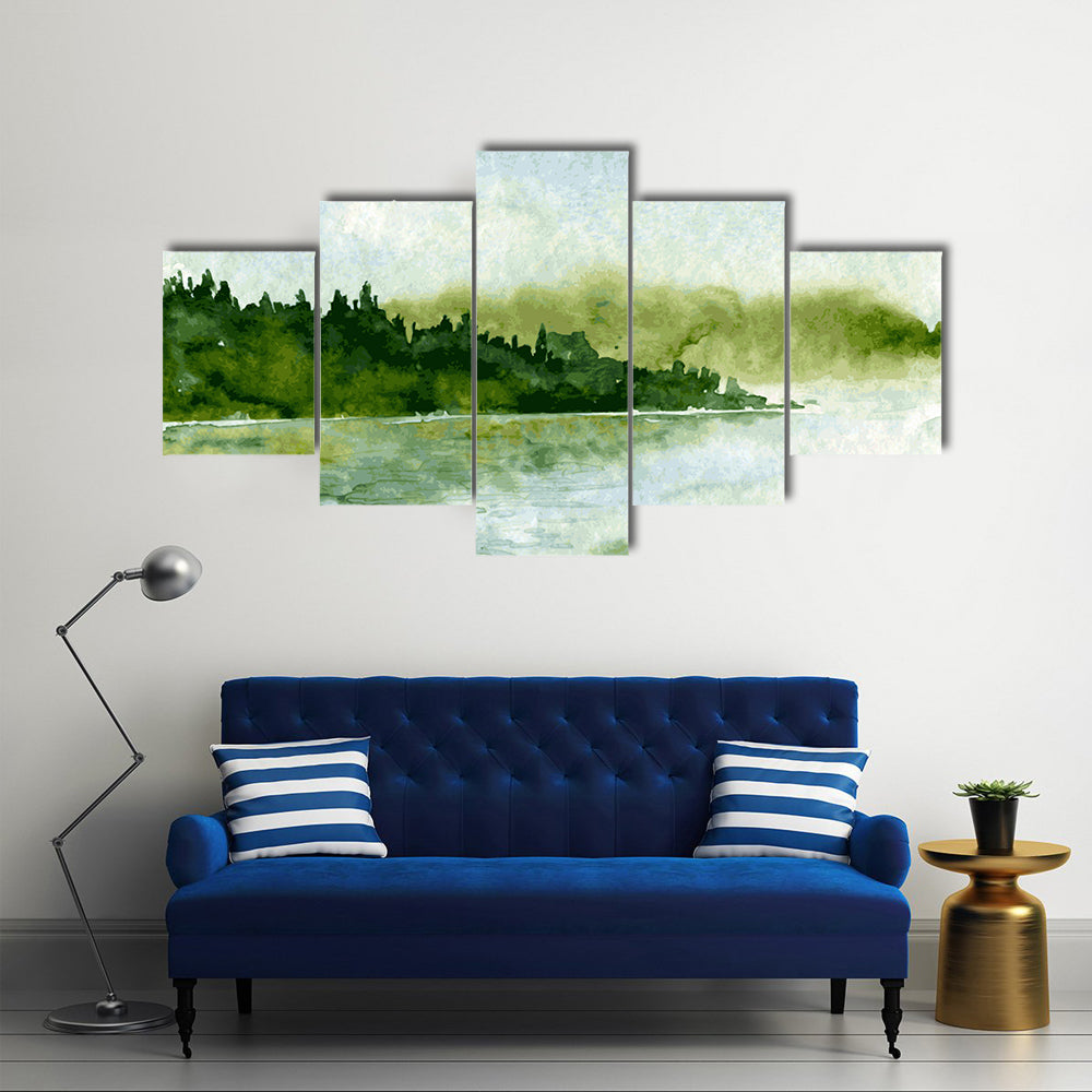 Watercolor River and Spruce Forest Canvas Wall Art