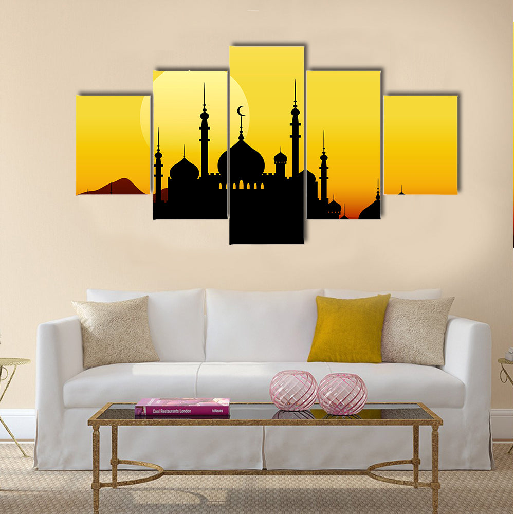 Ramadan Mosque Silhouette with Golden Sun Canvas Wall Art