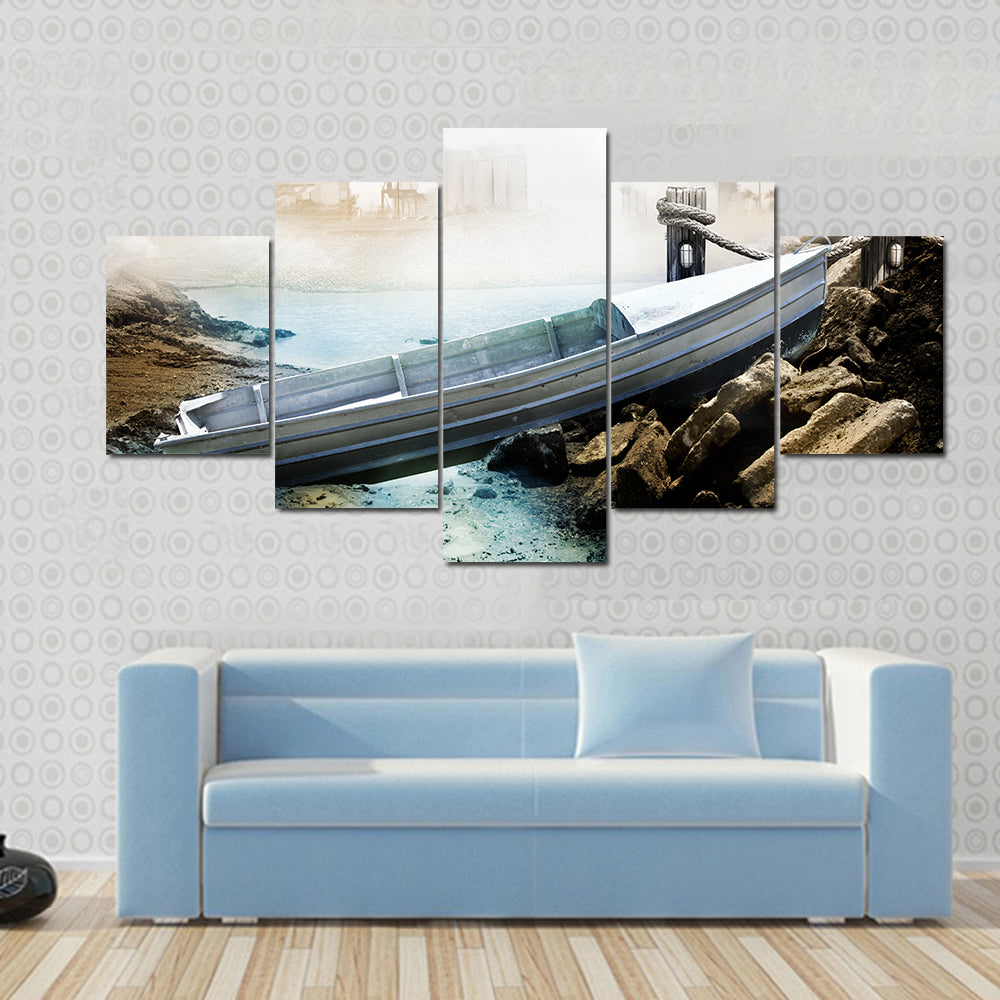Weathered Boat at Industrial Shoreline Canvas Wall Art