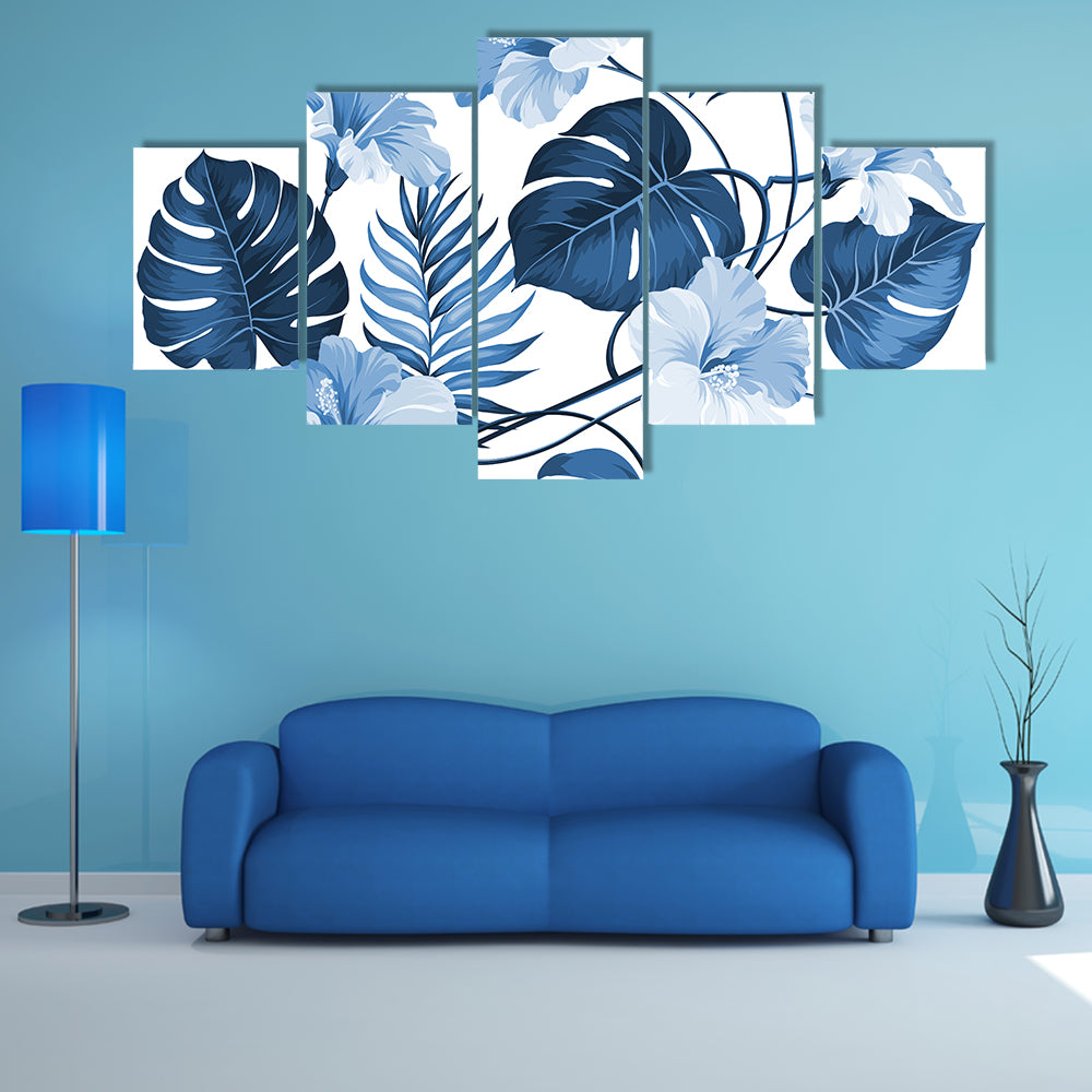 Navy Blue Tropical Leaves Pattern Canvas Wall Art