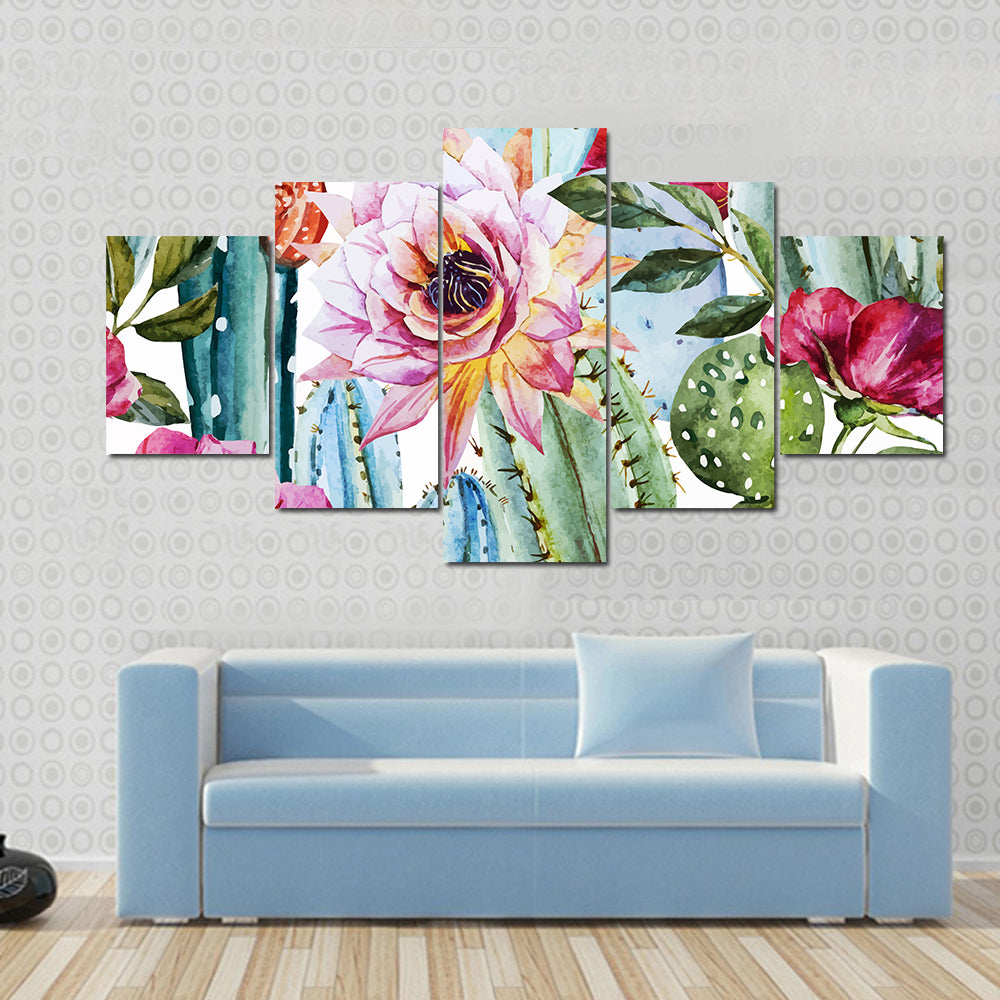 Watercolor Cactus Pattern with Pink Blooms Canvas Wall Art