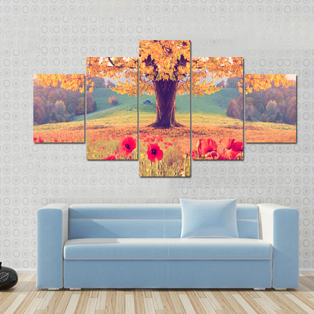 Red Poppies and Golden Tree Canvas Wall Art