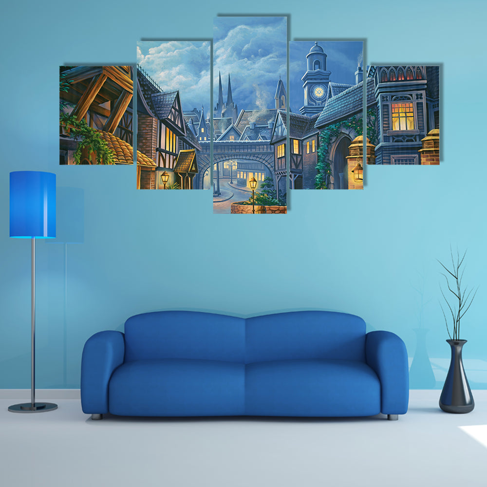 Twilight Medieval Village Through Stone Archway Canvas Wall Art