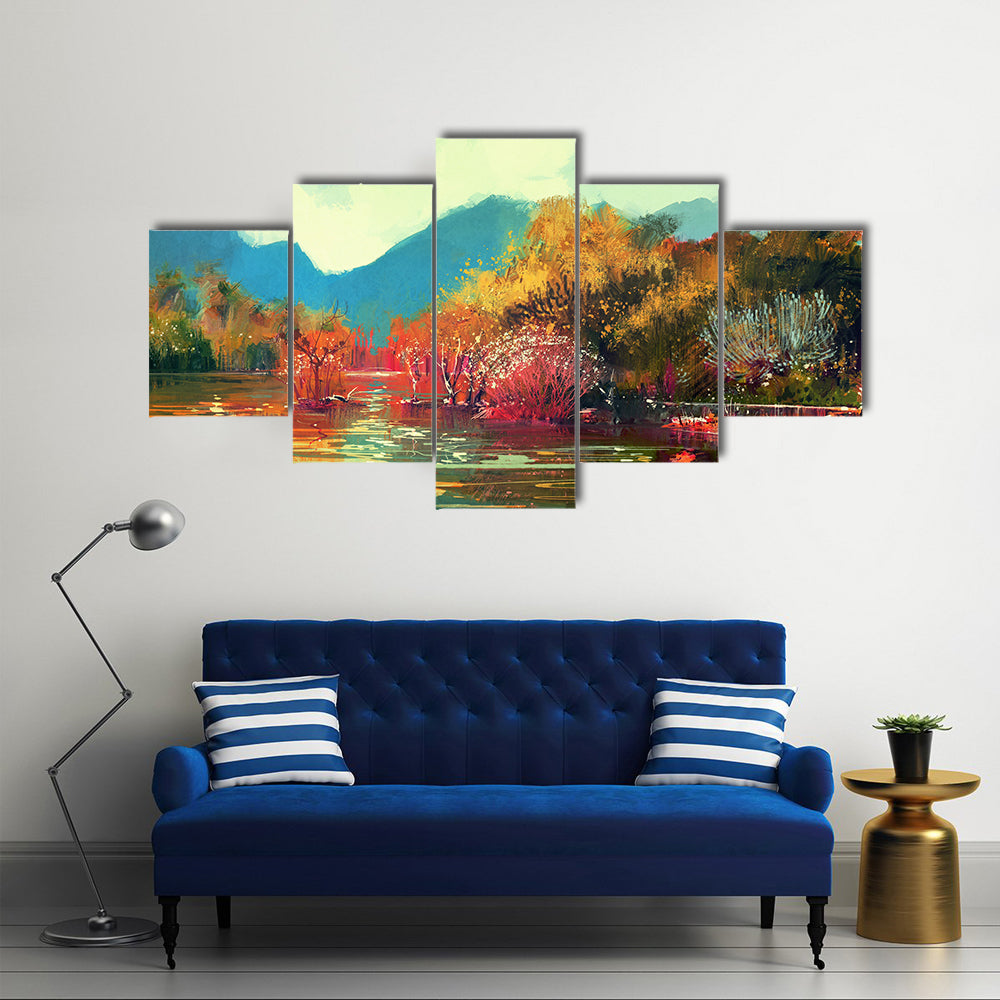 Autumn Lake Forest Illustration Canvas Wall Art