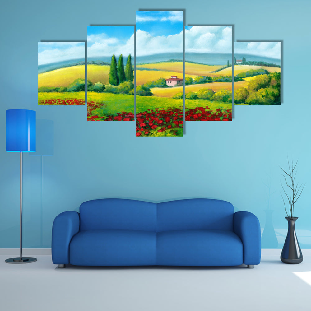Tuscan Poppy Field with Cypress Trees Canvas Wall Art