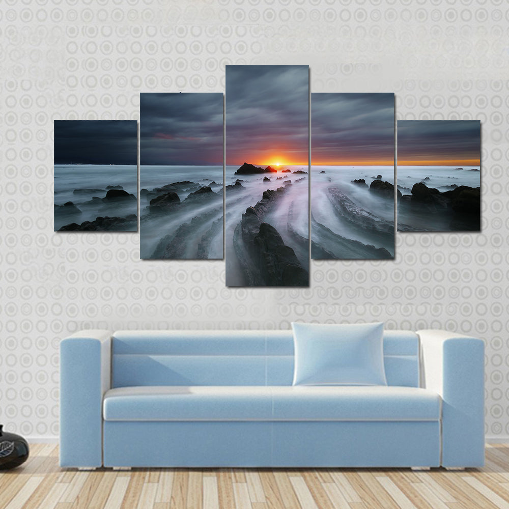 Flysch Rocks In Barrika Beach At The Sunset Canvas Wall Art