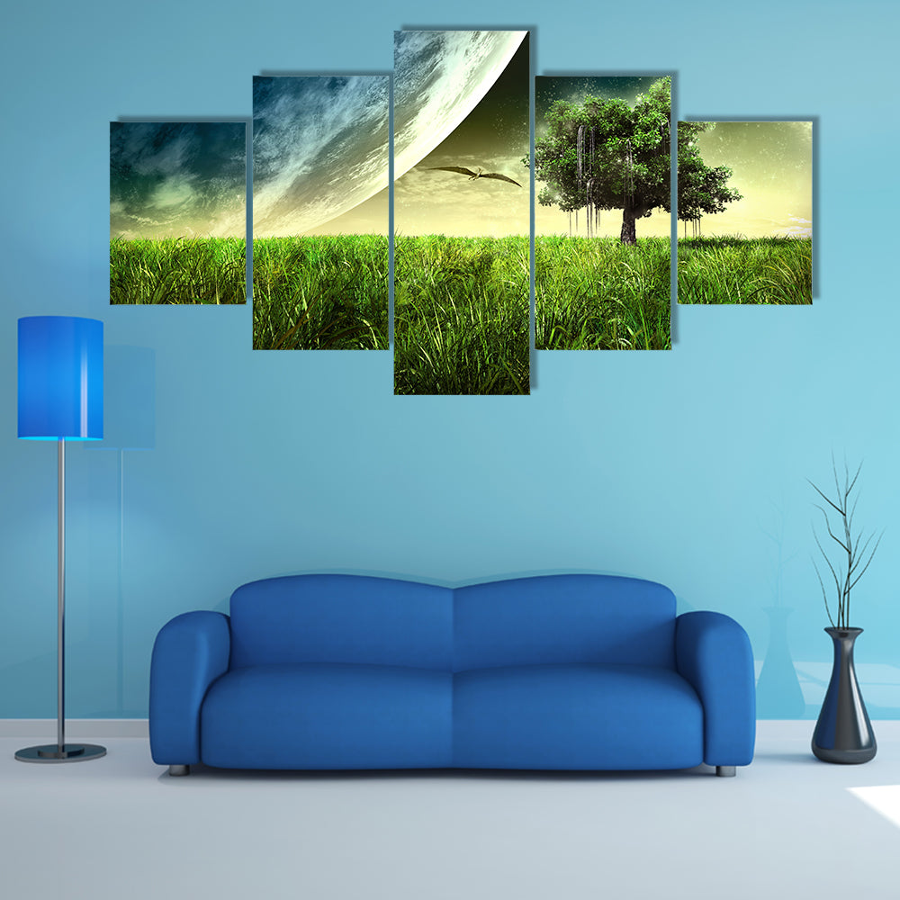 Green Meadow with Pterodactyls Canvas Wall Art