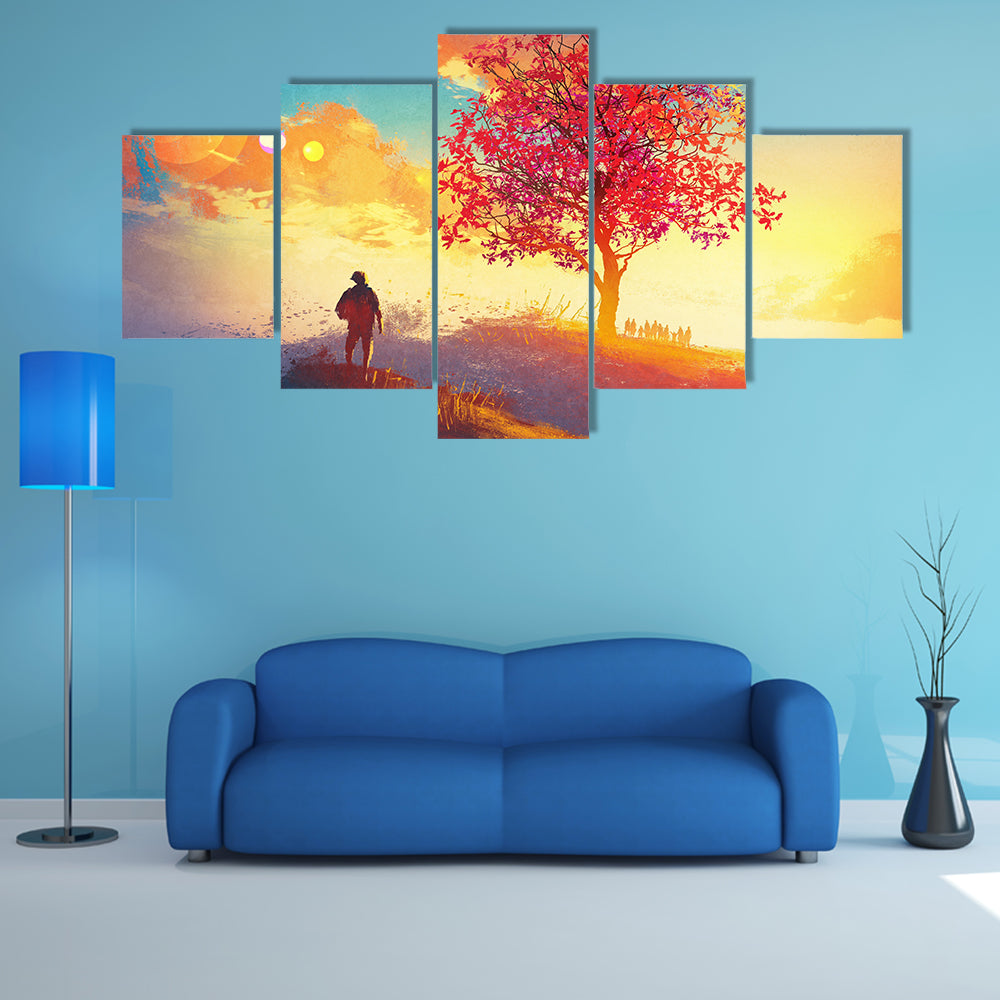 Man Standing Alone In Autumn Mountains Canvas Wall Art