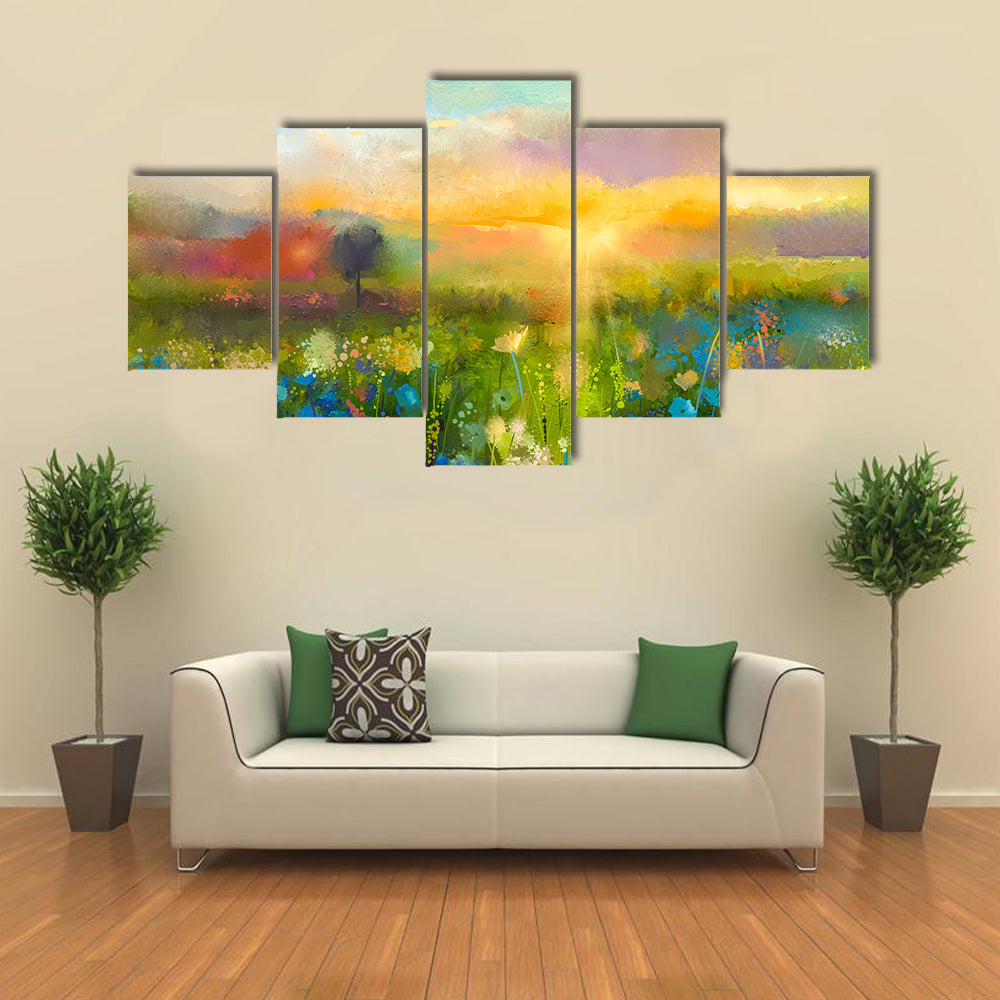 Sunset Over Wildflower Meadow Canvas Wall Art