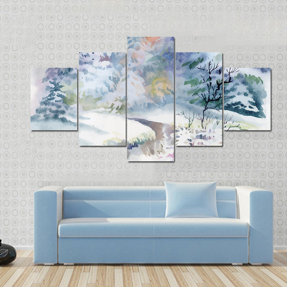 Watercolor Winter Landscape Canvas Wall Art