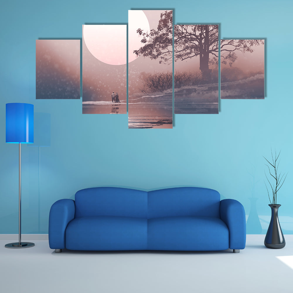 Love Couple Under Moon Canvas Wall Art