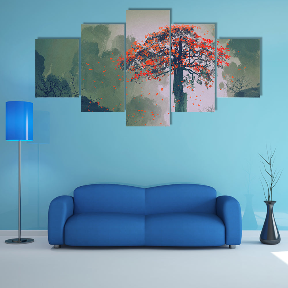 Misty Red Tree in Autumn Forest Canvas Wall Art
