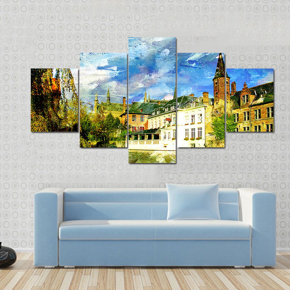 Belgian Canal in a Small Town Canvas Wall Art